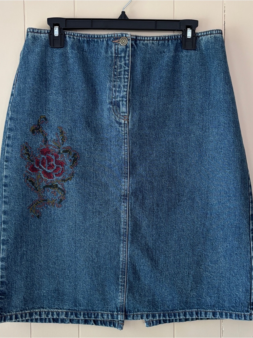 LOFT Blue Denim Skirt with Floral Embroidery